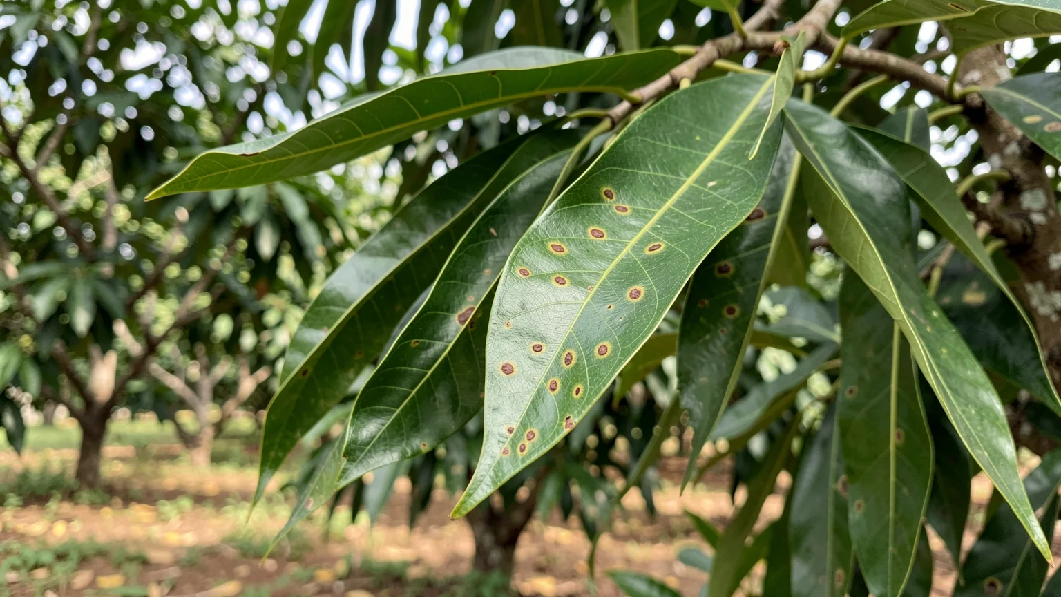 ใบแก่ทุเรียนมีจุดแผลสีน้ำตาลขอบเหลืองบางจุดในสวนทุเรียนไทย