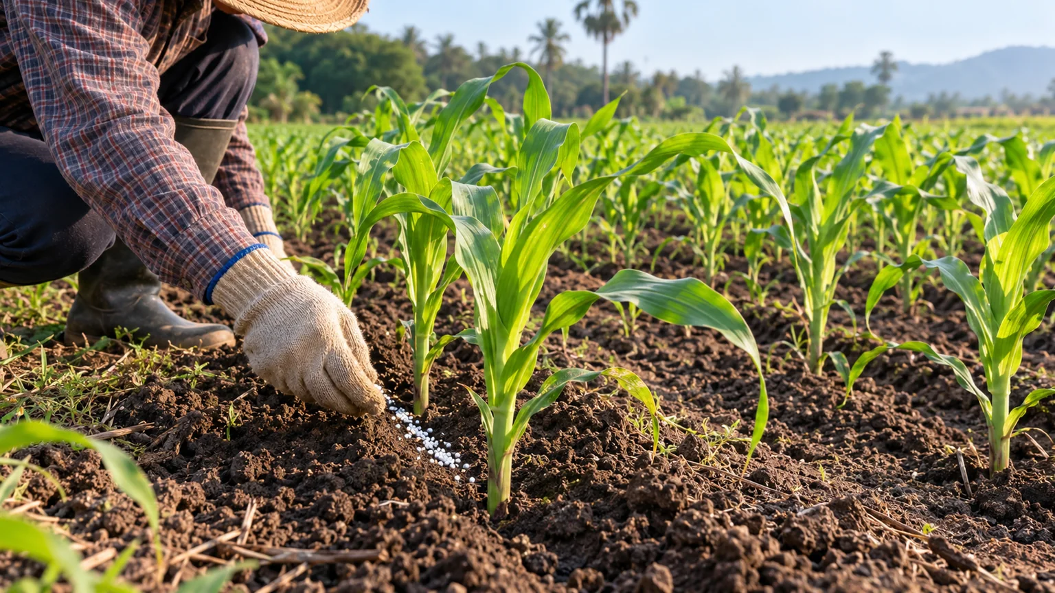เกษตรกรใส่ปุ๋ยเม็ดสีขาวเป็นแนวเล็ก ๆ ลงบนดินข้างโคนต้นข้าวโพดในแปลงเกษตรไทย